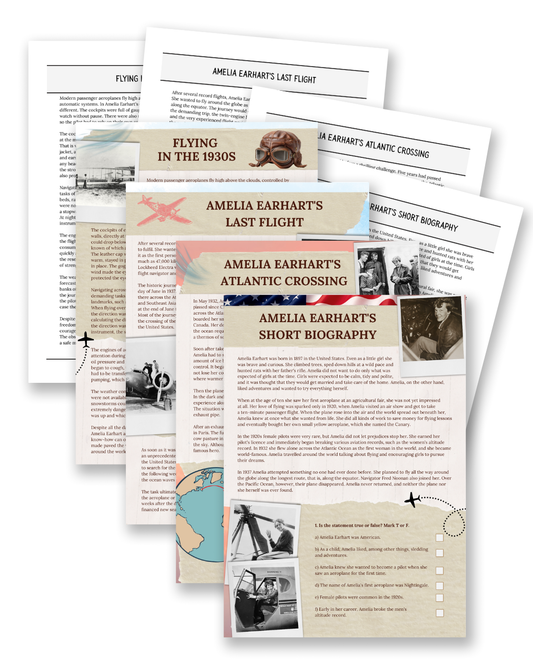 Amelia Earhart: Ilmailun historia ja eeppiset lennot – tietotekstit ja luetunymmärtäminen