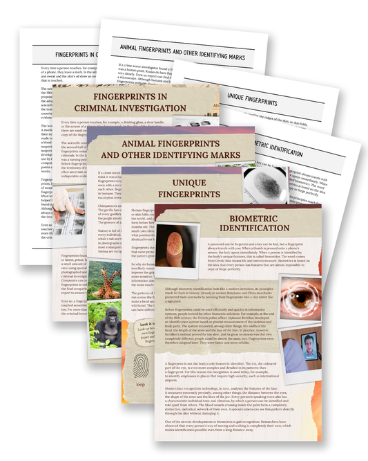 Printable non-fiction reading comprehension text set about fingerprints and biometrics for children