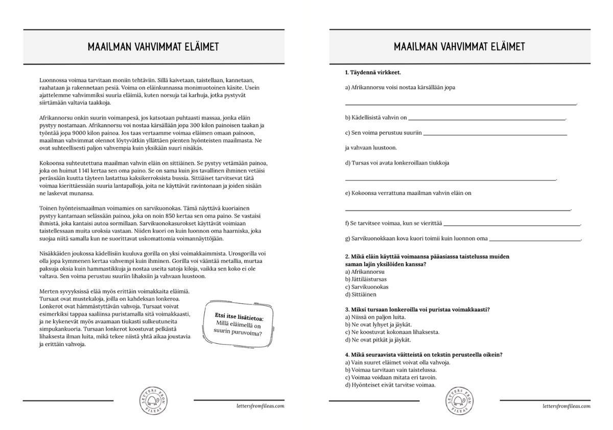 Mustavalkoinen tulostinystävällinen versio samasta luetun ymmärtämisen tietotekstiaukeamasta