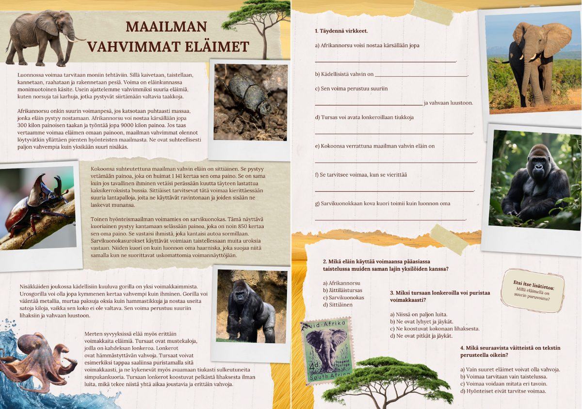Värillinen tulostettava tietotekstiaukeama tehtävineen maailman vahvimmista eläimistä