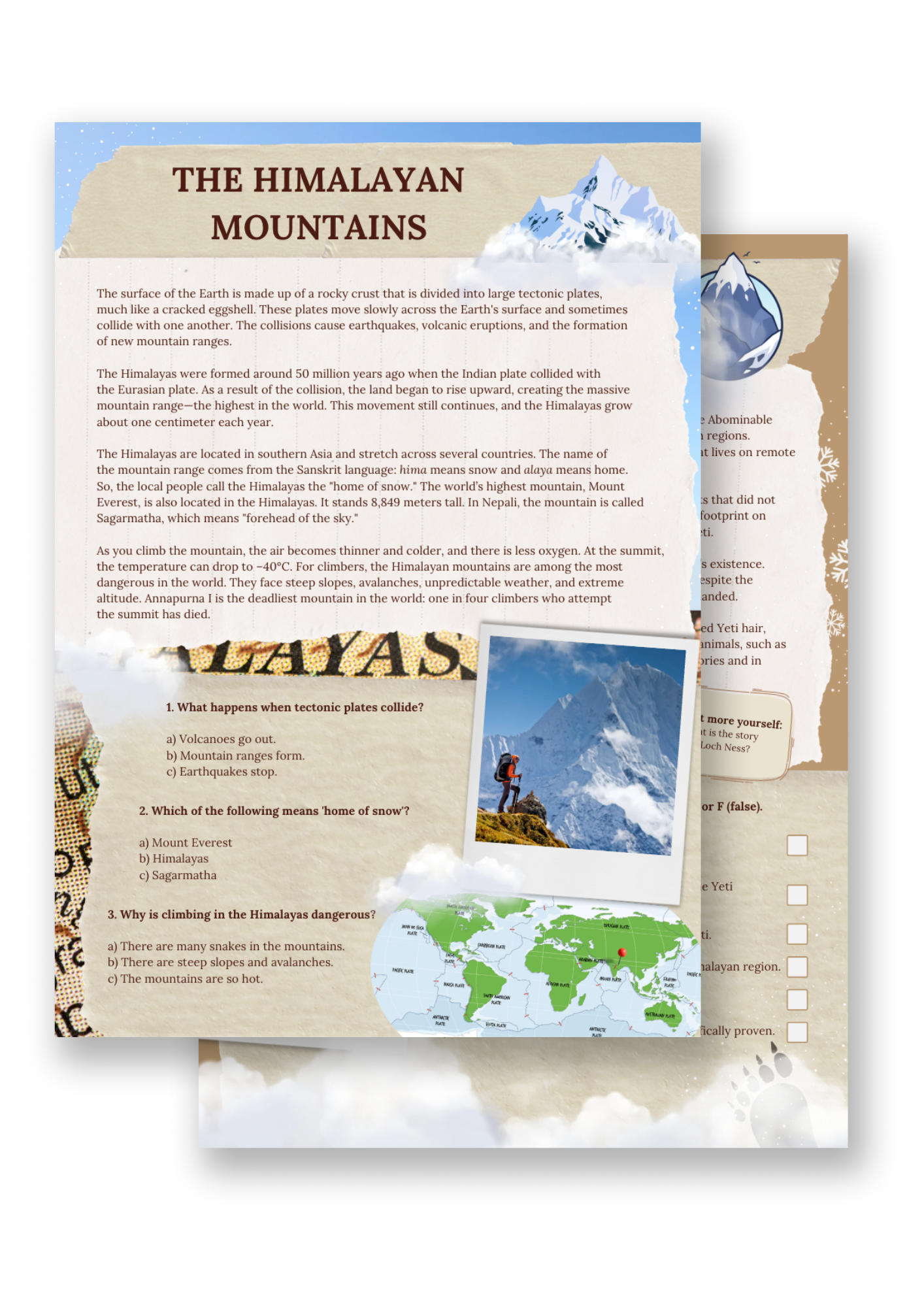 Close-up of the short text pages that are included in all Letters From Fileas mailings. These pages include educational texts for children and reading comprehension tasks.