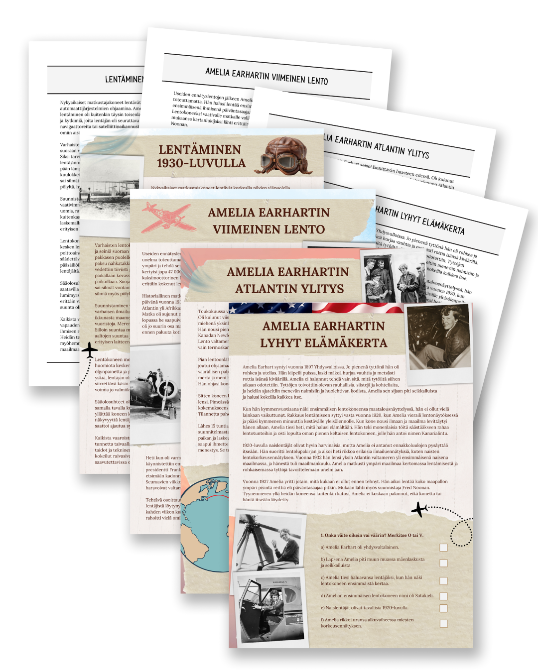 Amelia Earhart -tietotekstipaketti ja luetun ymmärtämisen tehtävät lapsille