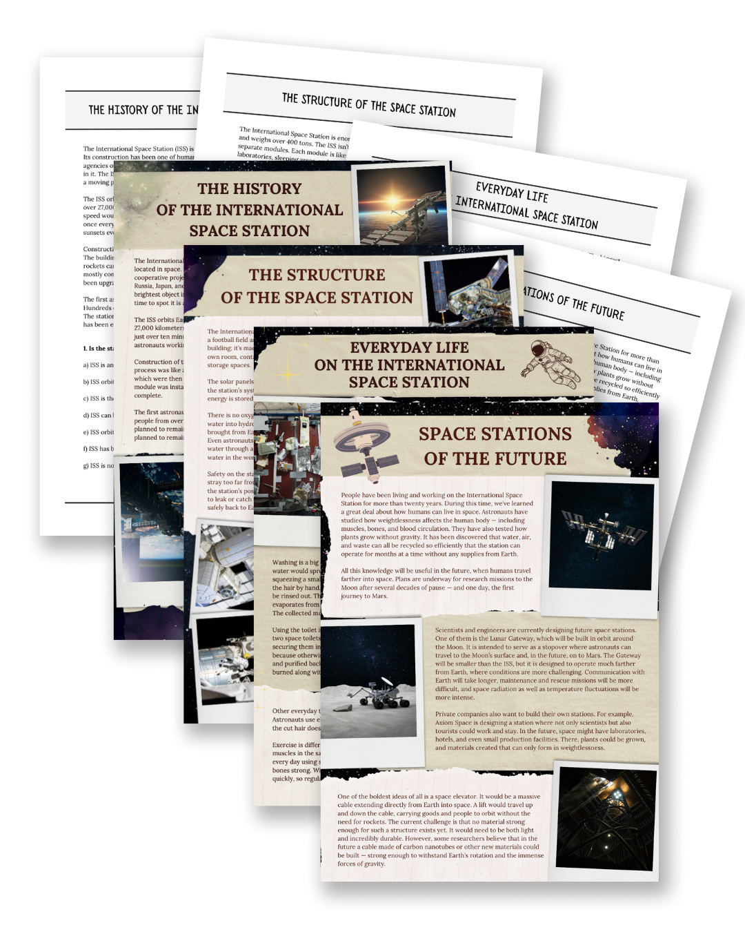 International Space Station printable non-fiction reading comprehension text set for kids