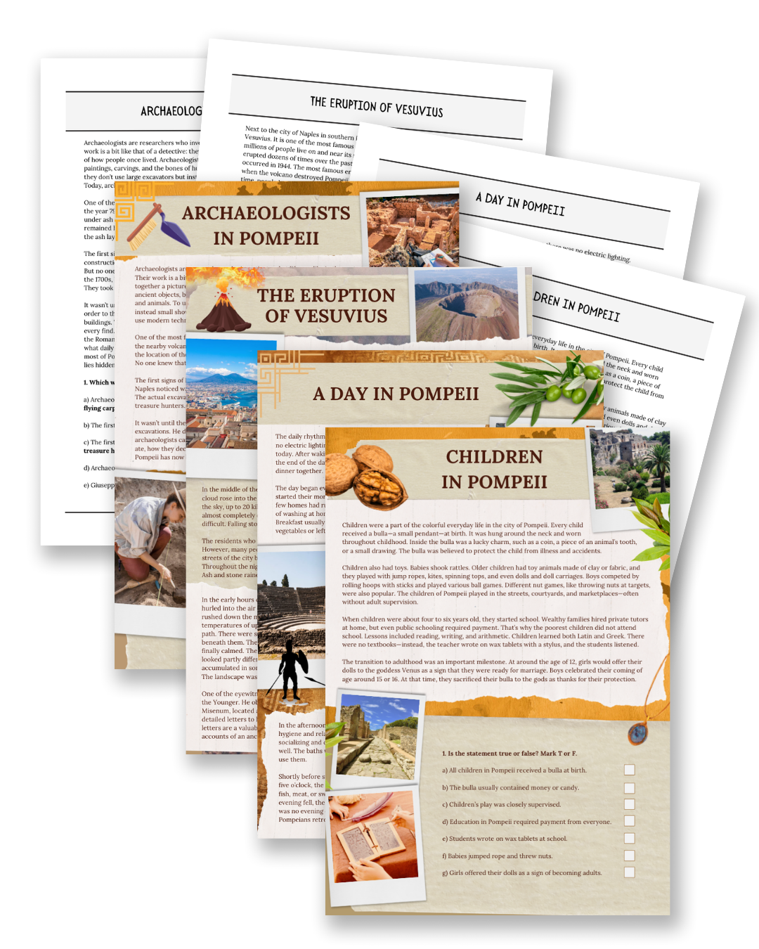 Pompeii printable non-fiction reading comprehension text set for kids