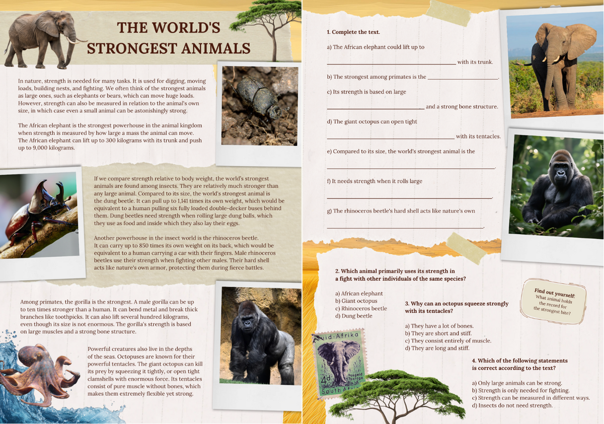 Full-colour printable reading comprehension text set spread about the world's strongest animals