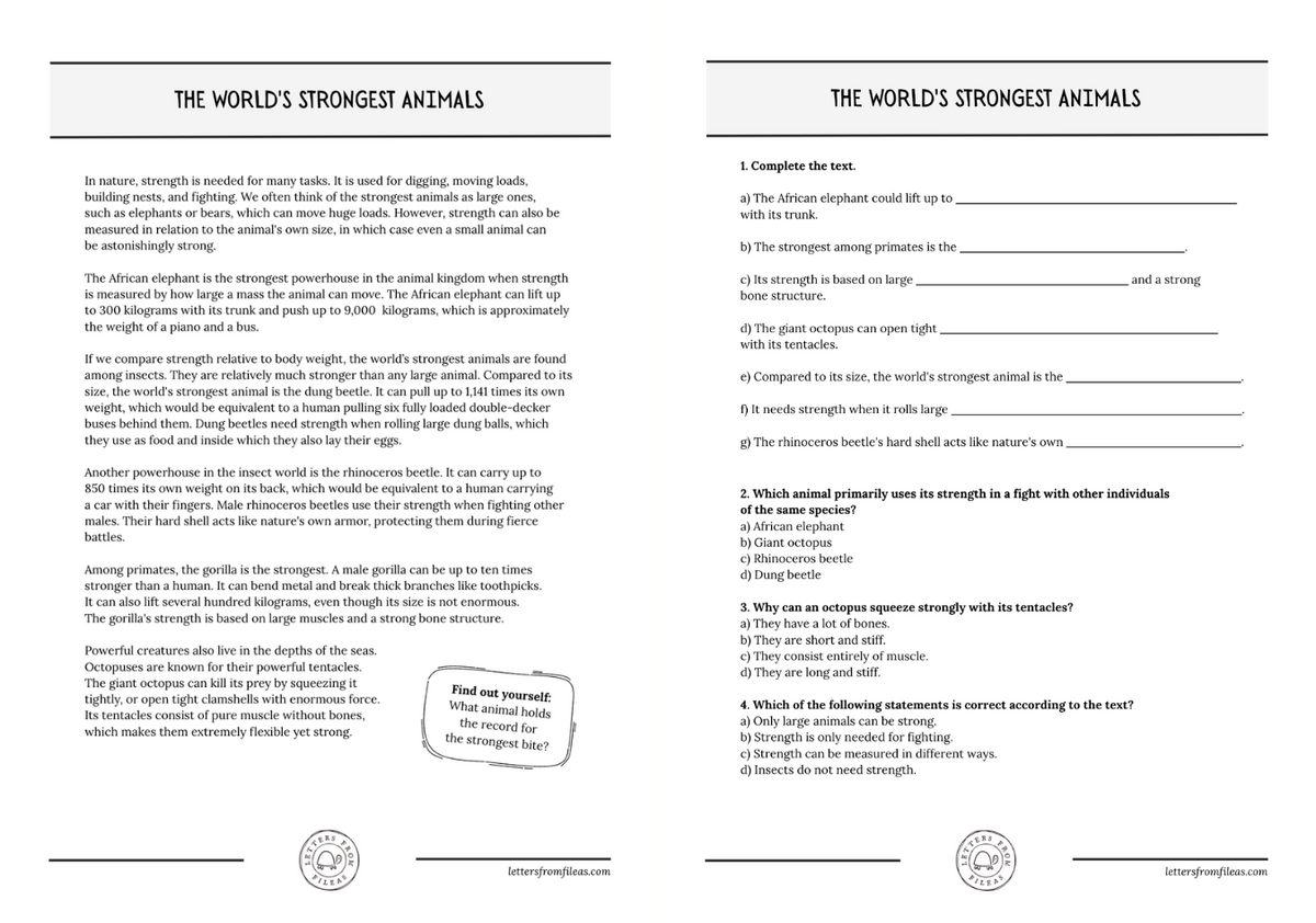 Printer-friendly black and white version of the same non-fiction reading comprehension text set spread