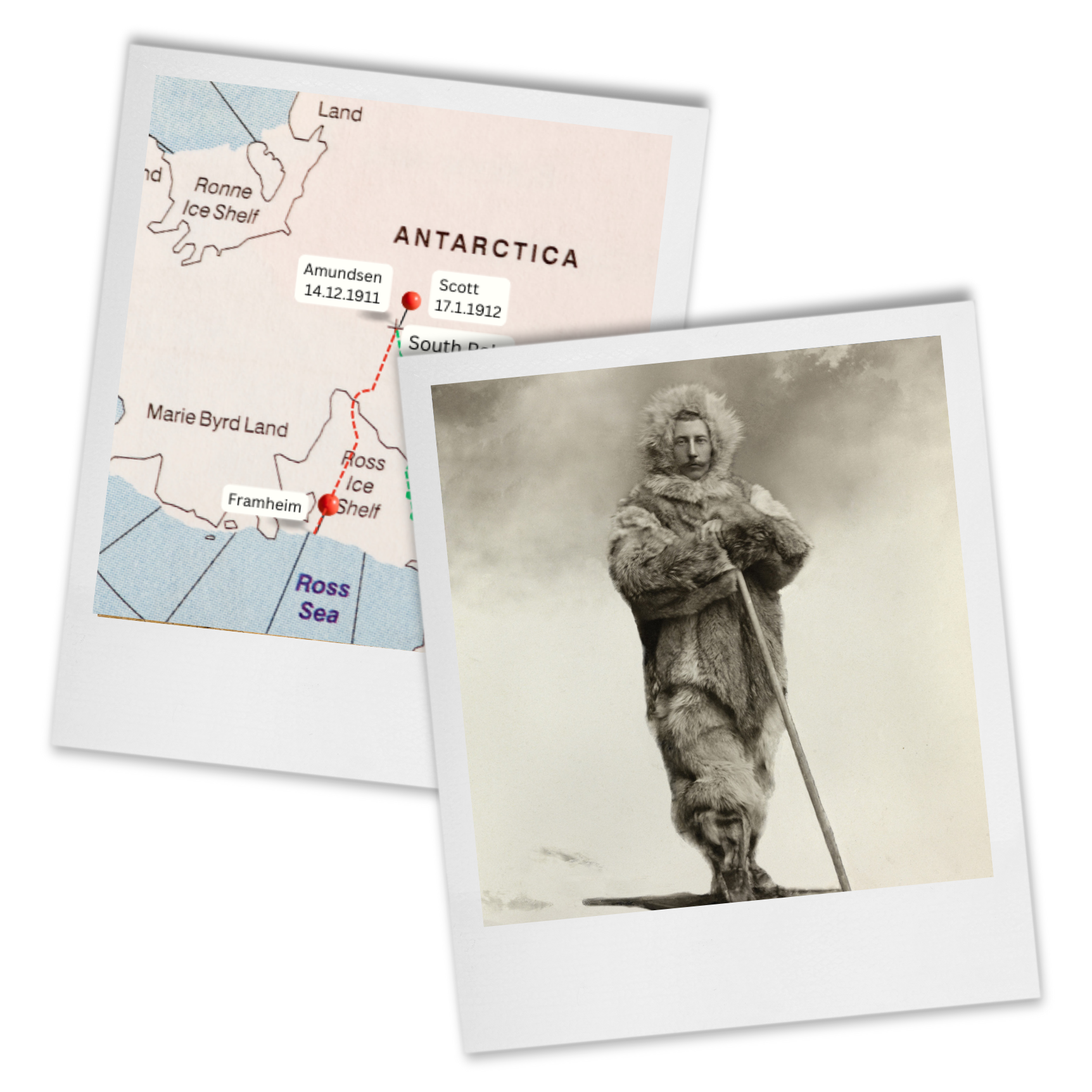 Old polaroid-style images of Antarctica's map and Roald Amundsen, as a teaser of an upcoming educational letter's theme.